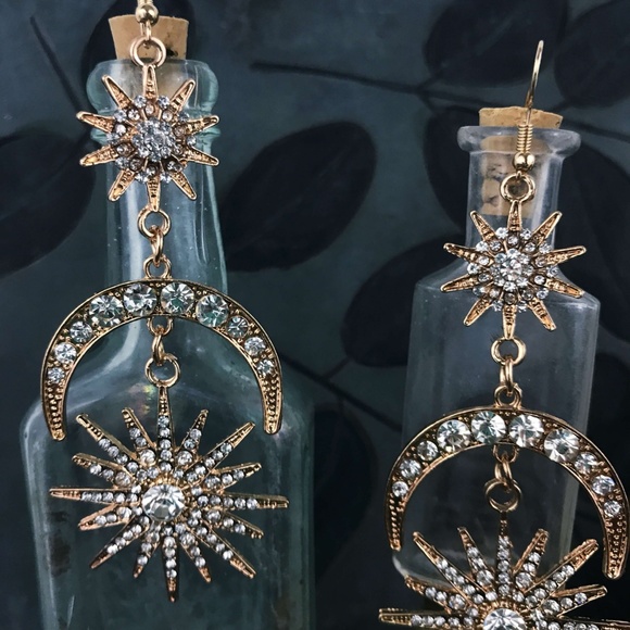 Gold Star Moon Long Lightweight Earrings 4" Drop - Picture 2 of 6